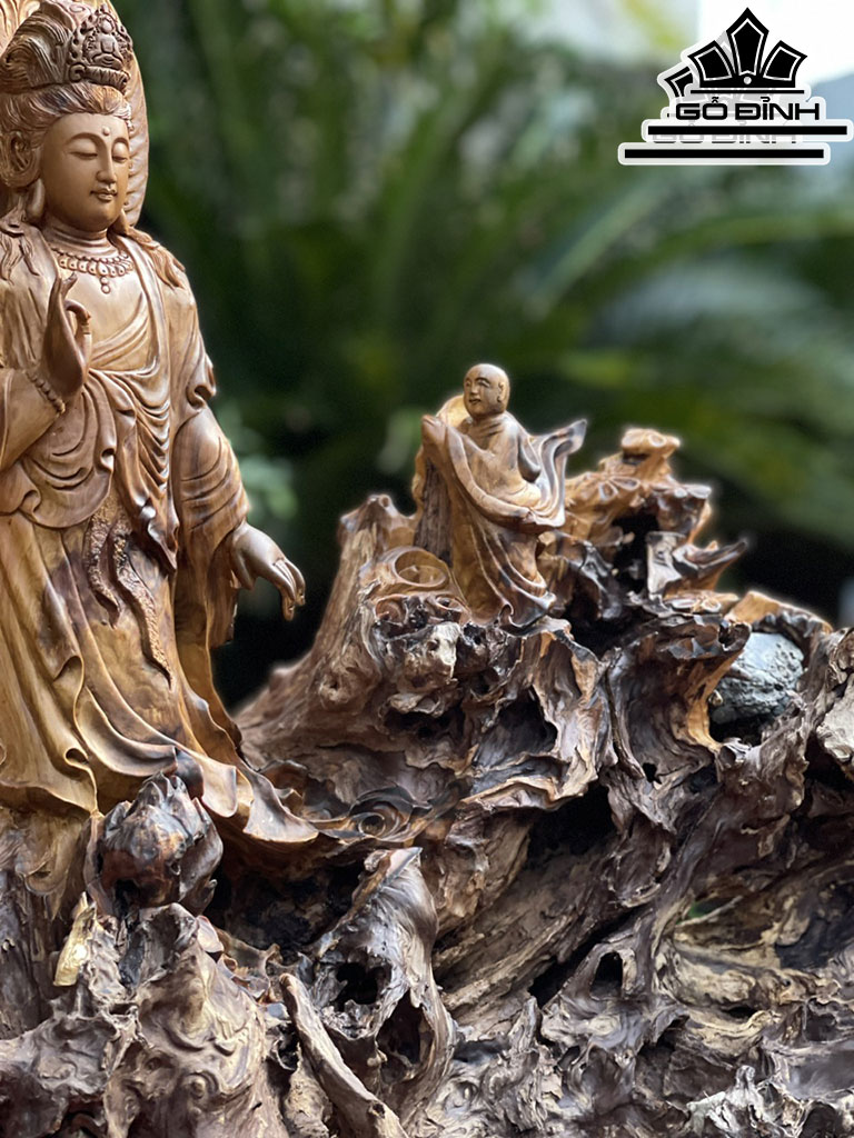 Tượng Phật Bà Quan Âm Gỗ Lũa Bách Xanh Cao 56 Ngang 86 Sâu 50 (cm)