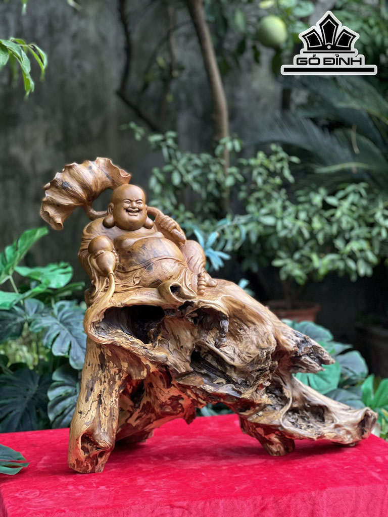 Tượng Phật Di Lặc Gỗ Bách Xanh Cao 55 Ngang 60 Sâu 28 (cm)