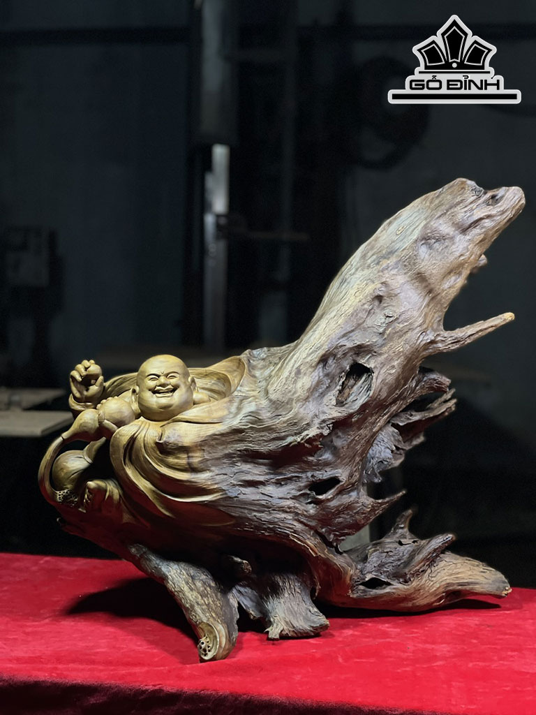 Tượng Phật Di Lặc Gỗ Lũa Bách Xanh Cao 55 Ngang 58 Sâu 30 (cm)