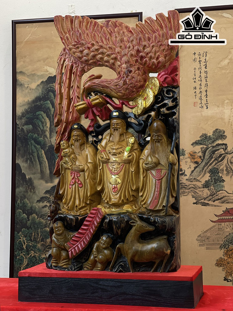 Tượng Phúc Lộc Thọ (Tam Đa) Gỗ Xá Xị Cao 83 Ngang 43 Sâu 16 (cm)