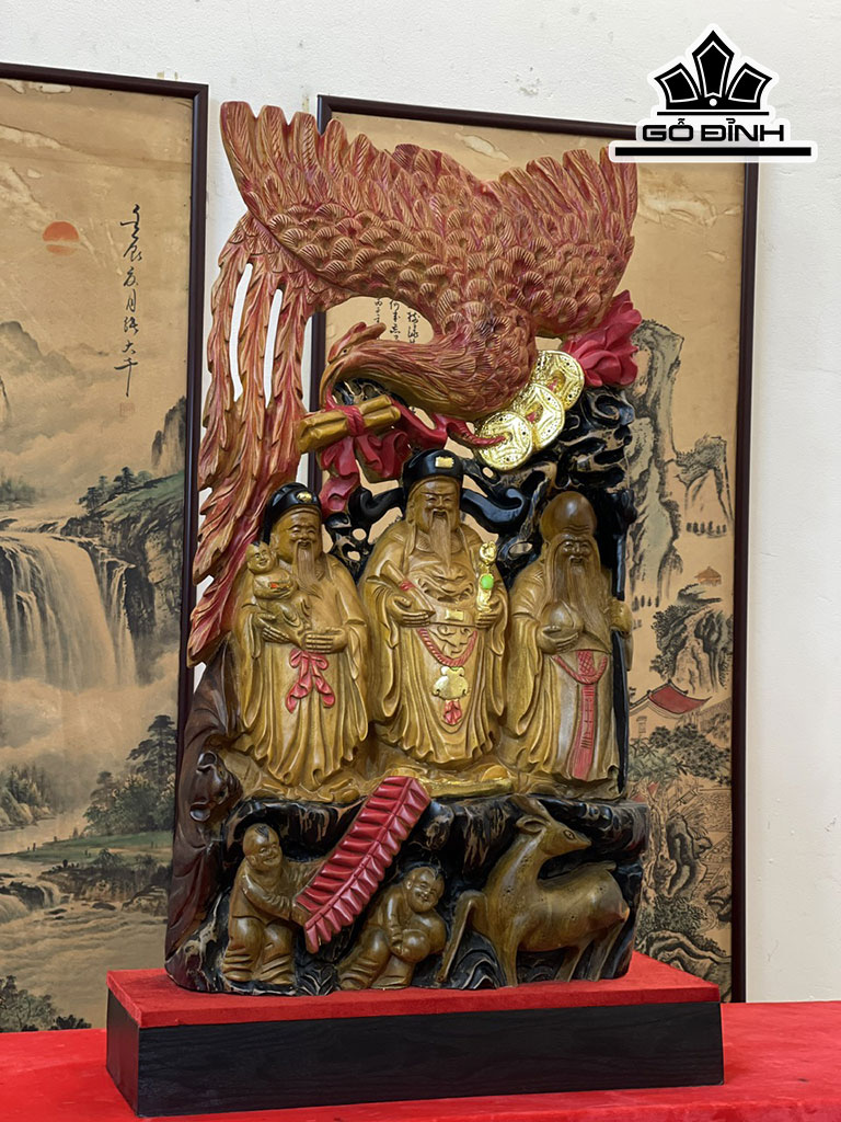 Tượng Phúc Lộc Thọ (Tam Đa) Gỗ Xá Xị Cao 83 Ngang 43 Sâu 16 (cm)