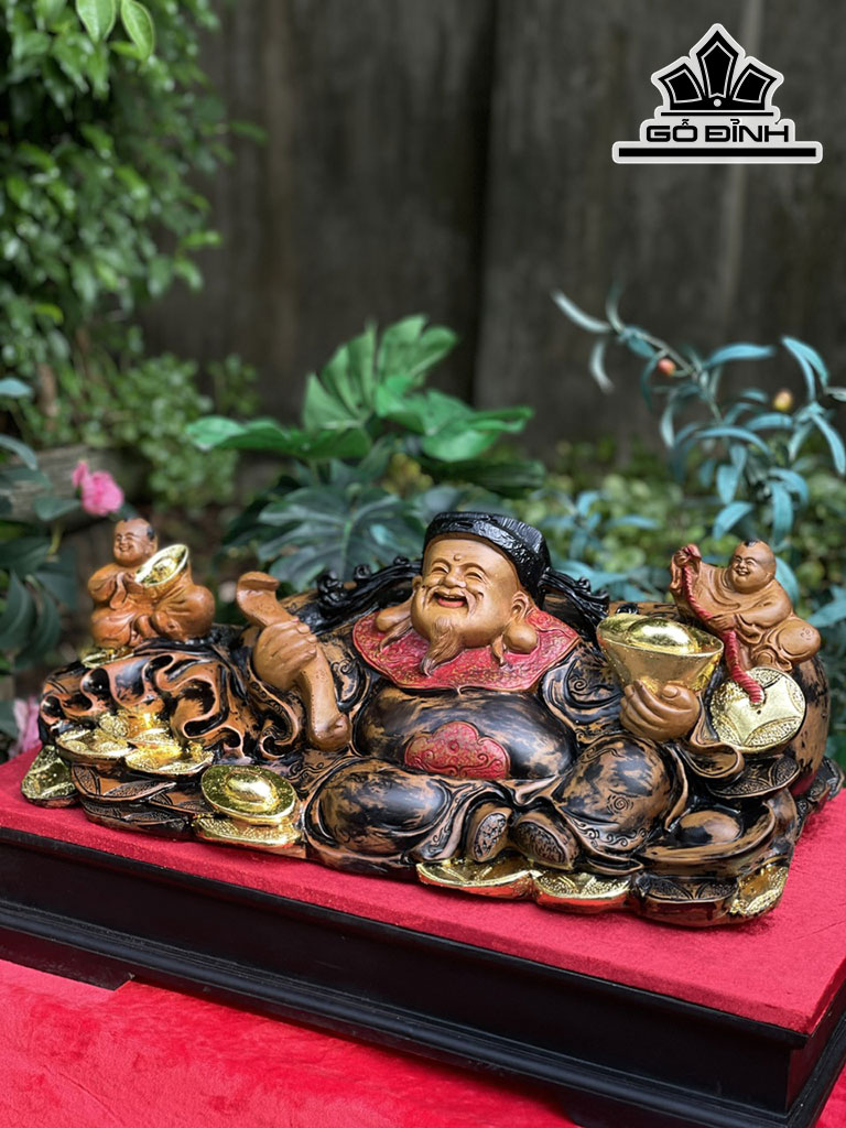 Tượng Thần Tài Gỗ Bách Xanh Cao 23 Ngang 60 Sâu 25 (cm)