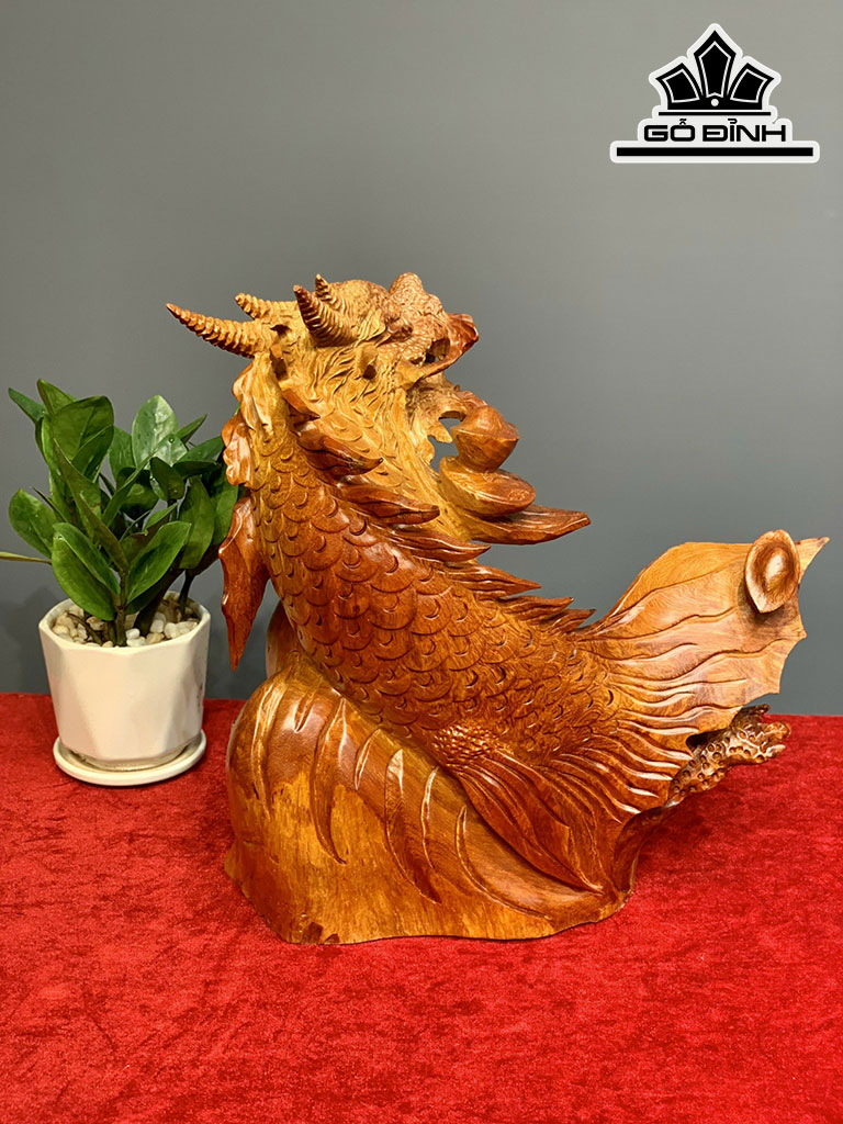 Tượng Cá Chép Hóa Rồng Gỗ Hương Cao 35 Ngang 33 Sâu 16 (cm)