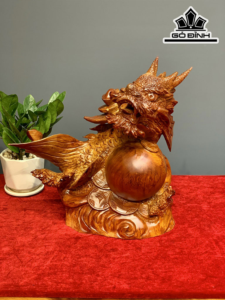 Tượng Cá Chép Hóa Rồng Gỗ Hương Cao 35 Ngang 33 Sâu 16 (cm)