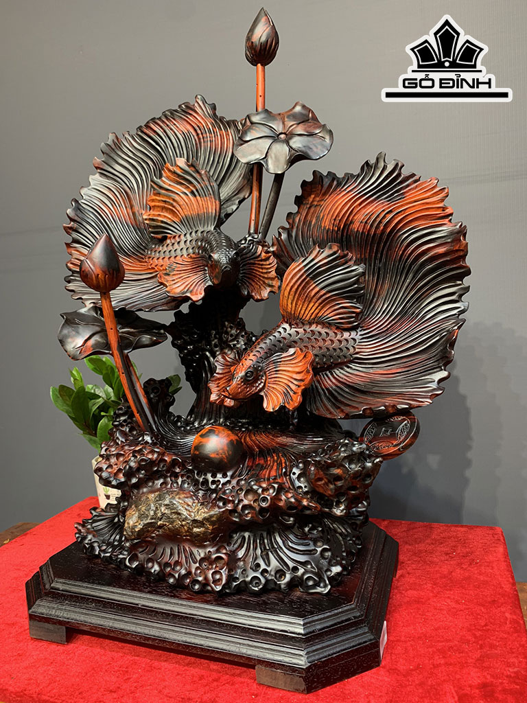 Tượng Cá Xiêm Đôi Gỗ Trắc Cao 76 Ngang 55 Sâu 34 (cm)