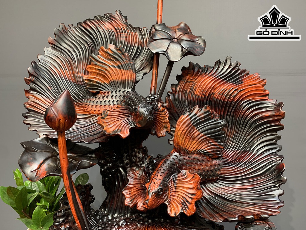 Tượng Cá Xiêm Đôi Gỗ Trắc Cao 76 Ngang 55 Sâu 34 (cm)