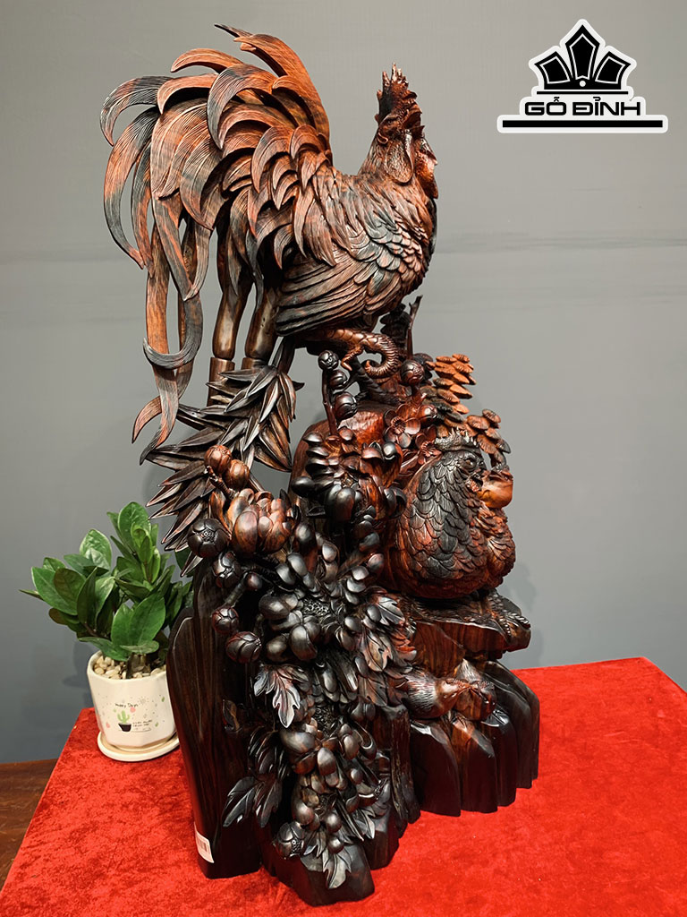 Tượng Gia Đình Gà Gỗ Trắc Cao 69 Ngang 37 Sâu 17 (cm)