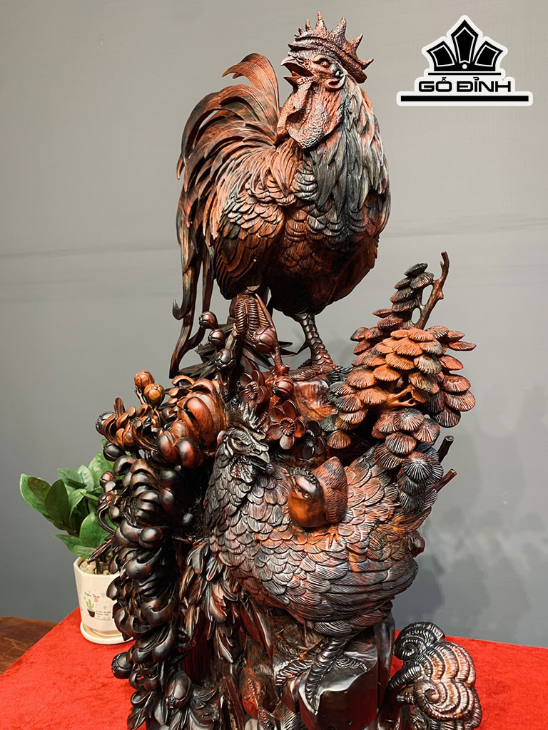 Tượng Gia Đình Gà Gỗ Trắc Cao 69 Ngang 37 Sâu 17 (cm)