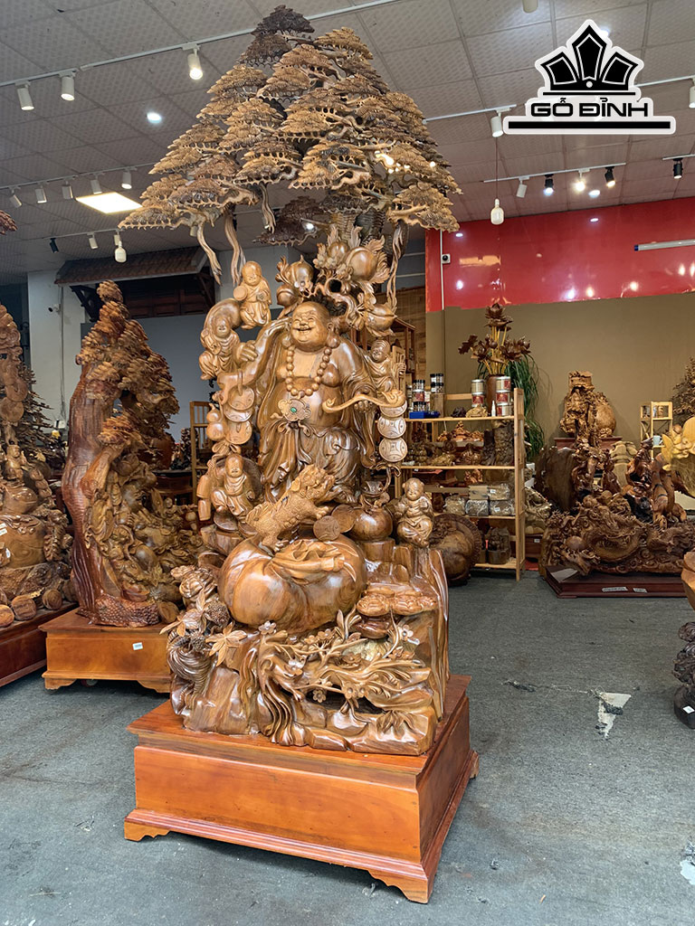 Tượng Phật Di Lặc Ngũ Phúc Gỗ Bách Xanh Cao 215 Ngang 75 Sâu 58 (cm)