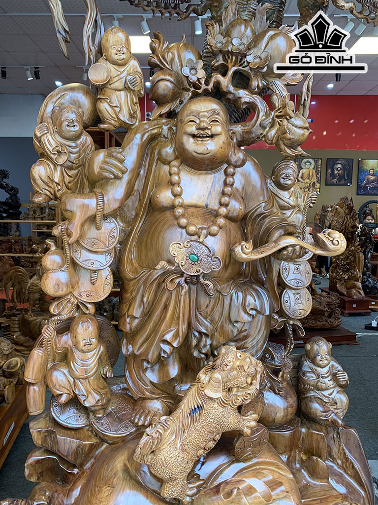 Tượng Phật Di Lặc Ngũ Phúc Gỗ Bách Xanh Cao 215 Ngang 75 Sâu 58 (cm)