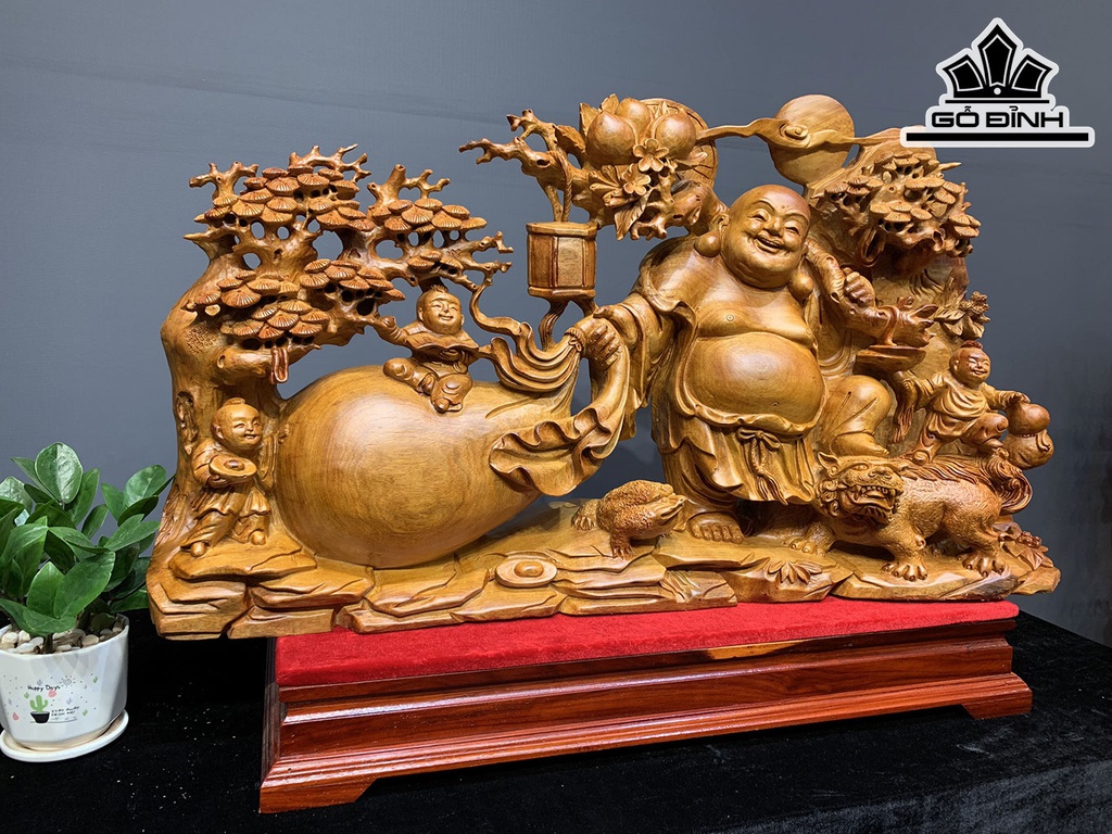 Tượng Phật Di Lặc Tam Phúc Gỗ Hương Cao 52 Ngang 95 Sâu 25 (cm)