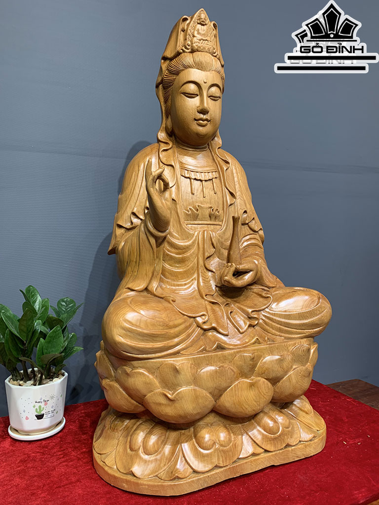 Tượng Quán Thế Âm Bồ Tát Ngự Đài Sen Gỗ Ngọc Am Cao 76 Ngang 41 Sâu 30 (cm)