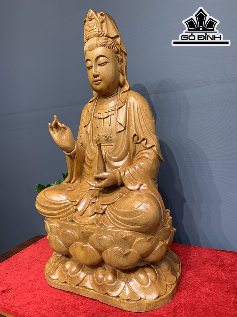 Tượng Quán Thế Âm Bồ Tát Ngự Đài Sen Gỗ Ngọc Am Cao 76 Ngang 41 Sâu 30 (cm)