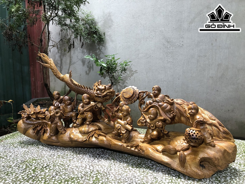 Tượng Cửu Phúc Rước Đèn Trung Thu Gỗ Bách Xanh Cao 40 Ngang 90 Sâu 23 (cm)