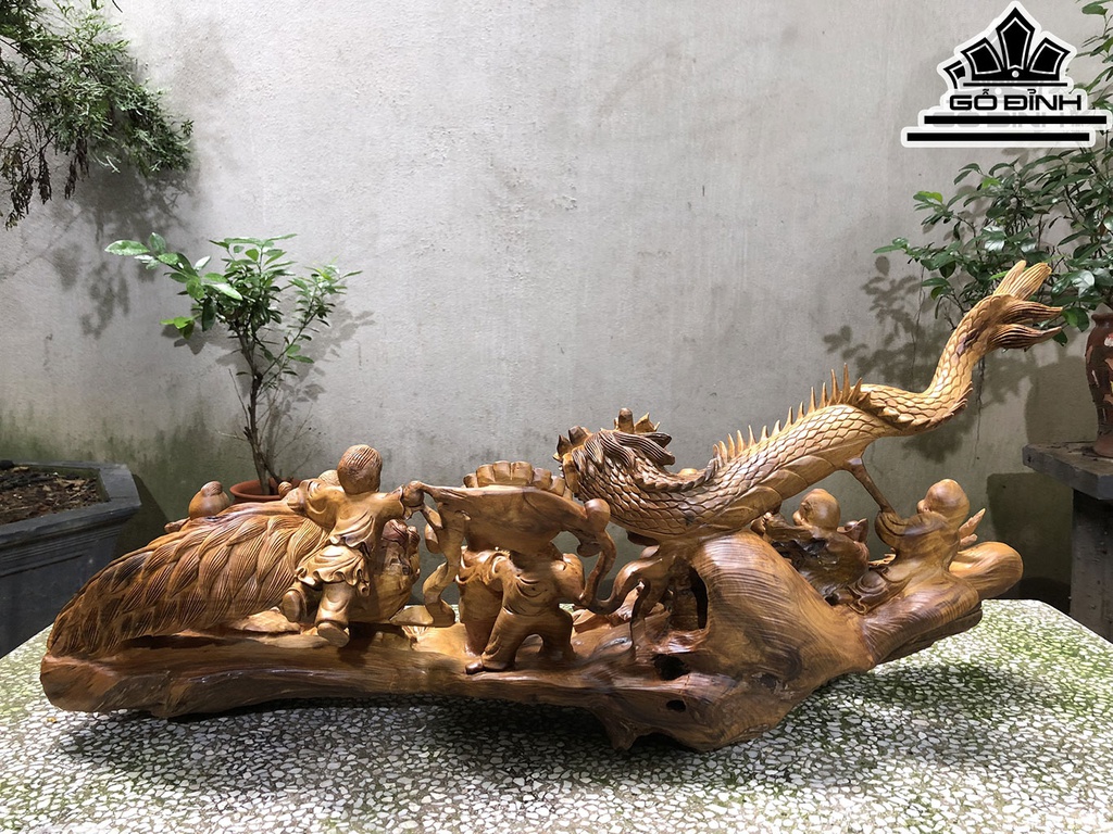 Tượng Cửu Phúc Rước Đèn Trung Thu Gỗ Bách Xanh Cao 40 Ngang 90 Sâu 23 (cm)