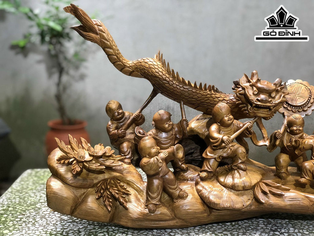Tượng Cửu Phúc Rước Đèn Trung Thu Gỗ Bách Xanh Cao 40 Ngang 90 Sâu 23 (cm)