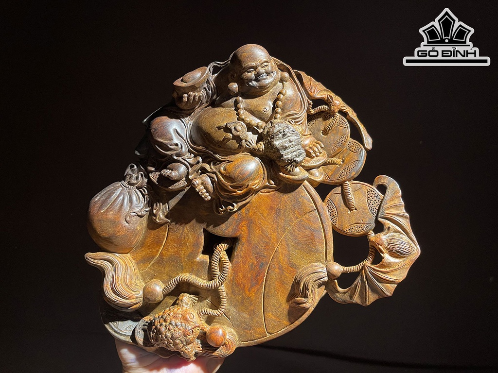 Tượng Di Lặc Ngồi Kim Tiền Gỗ Nu Hương Cao 19 Ngang 25 Sâu 13 (cm)