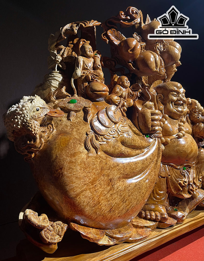 Tượng Phật Di Lặc Vác Bao Tiền Gỗ Nu Hương Cao 70 Ngang 75 Sâu 22 (cm)