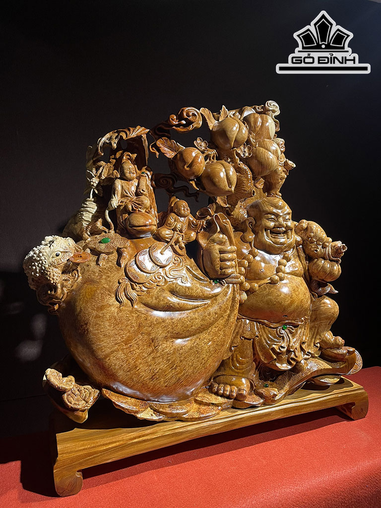 Tượng Phật Di Lặc Vác Bao Tiền Gỗ Nu Hương Cao 70 Ngang 75 Sâu 22 (cm)