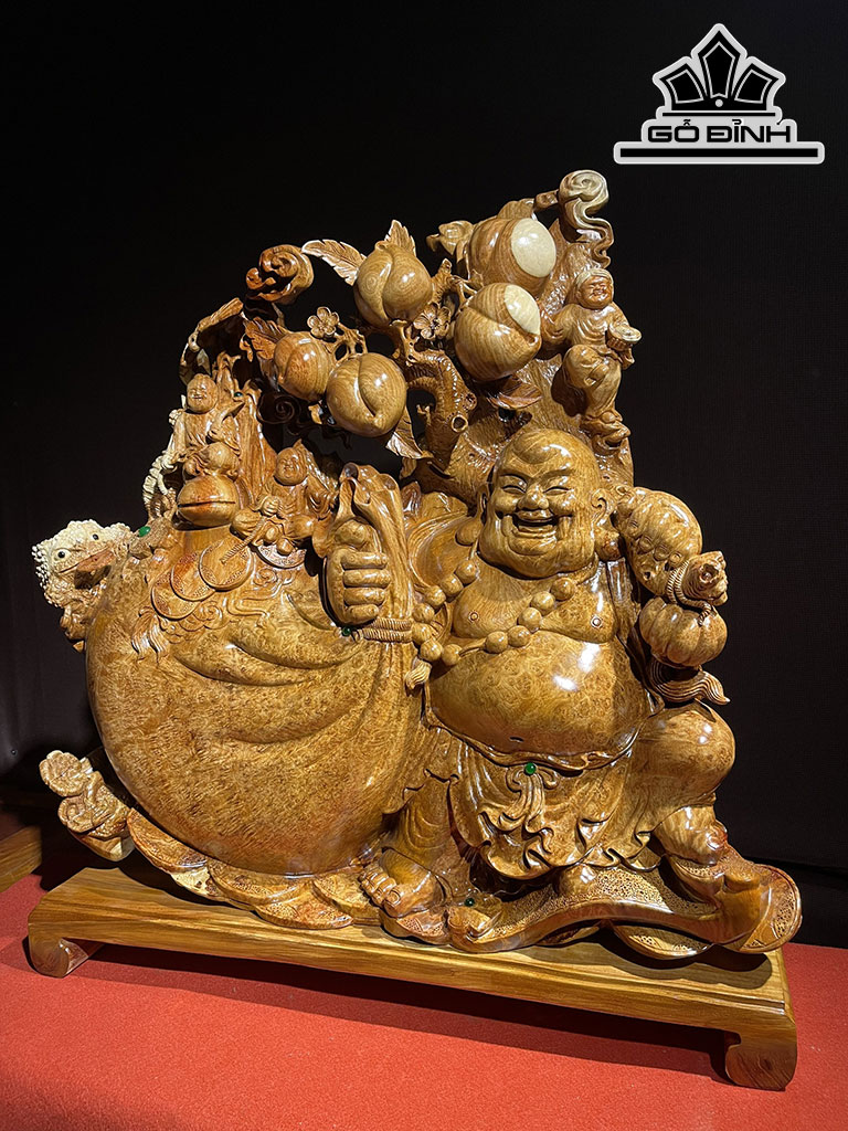 Tượng Phật Di Lặc Vác Bao Tiền Gỗ Nu Hương Cao 70 Ngang 75 Sâu 22 (cm)