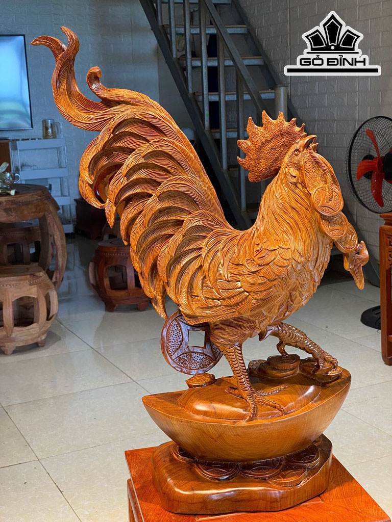 Tượng Gà Phong Thủy Gỗ Hương Cao 62 Ngang 43 Sâu 20 (cm)