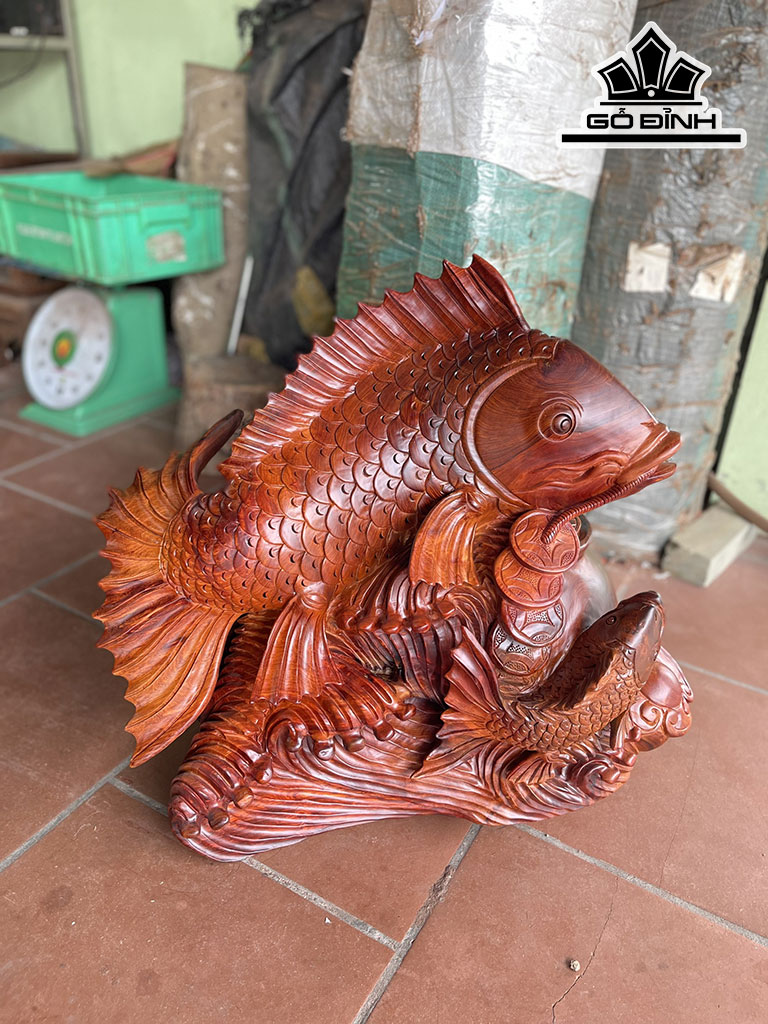 Tượng Song Ngư Mẫu Tử Gỗ Hương Cao 62 Ngang 62 Sâu 36 (cm)