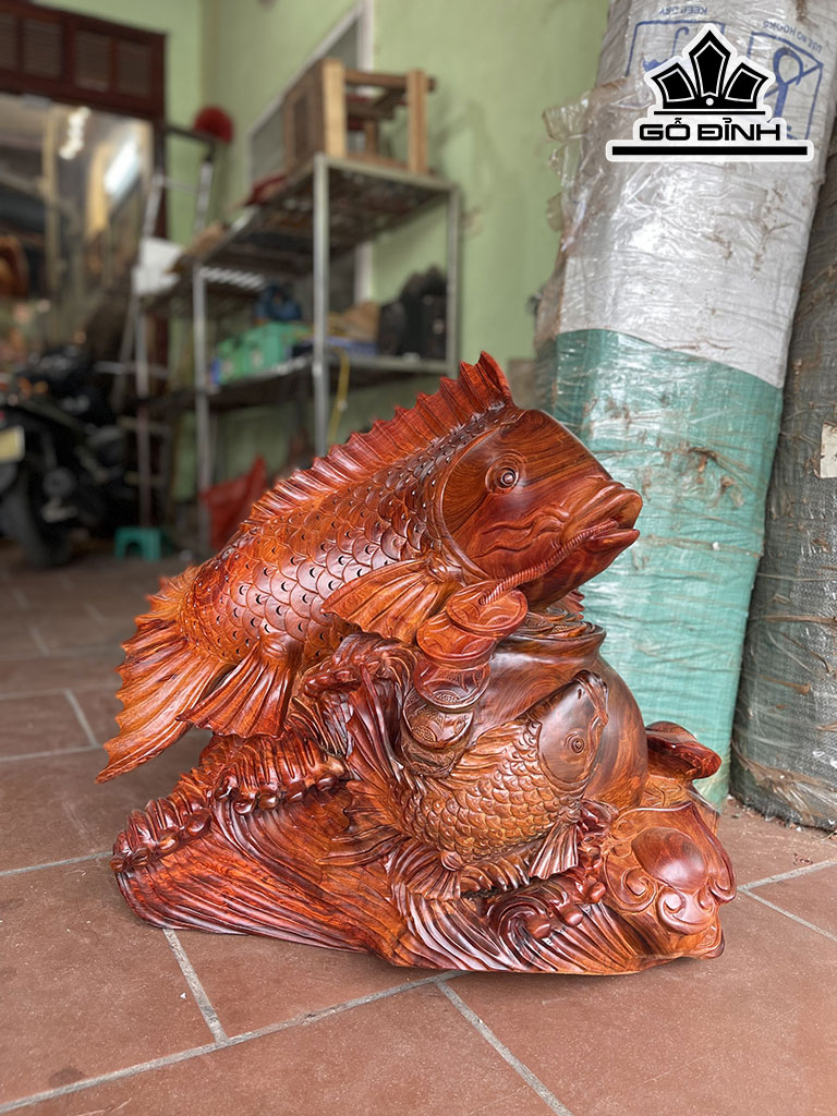 Tượng Song Ngư Mẫu Tử Gỗ Hương Cao 62 Ngang 62 Sâu 36 (cm)