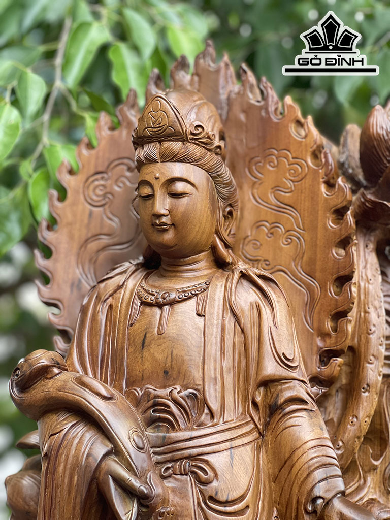 Tượng Phật Bà Liên Hoa Gỗ Bách Xanh Cao 89 Ngang 32 Sâu 29 (cm)