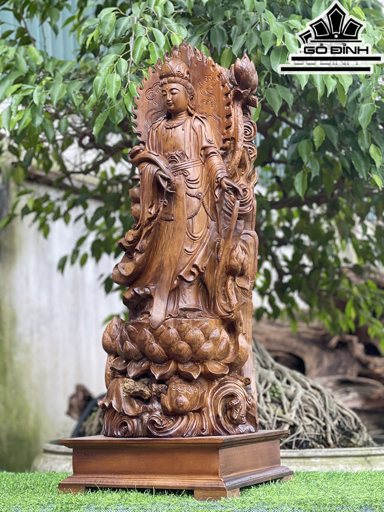 Tượng Phật Bà Liên Hoa Gỗ Bách Xanh Cao 89 Ngang 32 Sâu 29 (cm)
