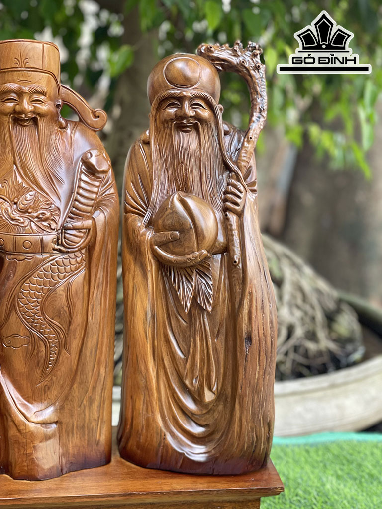 Tượng Phúc Lộc Thọ (Tam Đa) Gỗ Bách Xanh Cao 57 Ngang 18 Sâu 16 (cm)