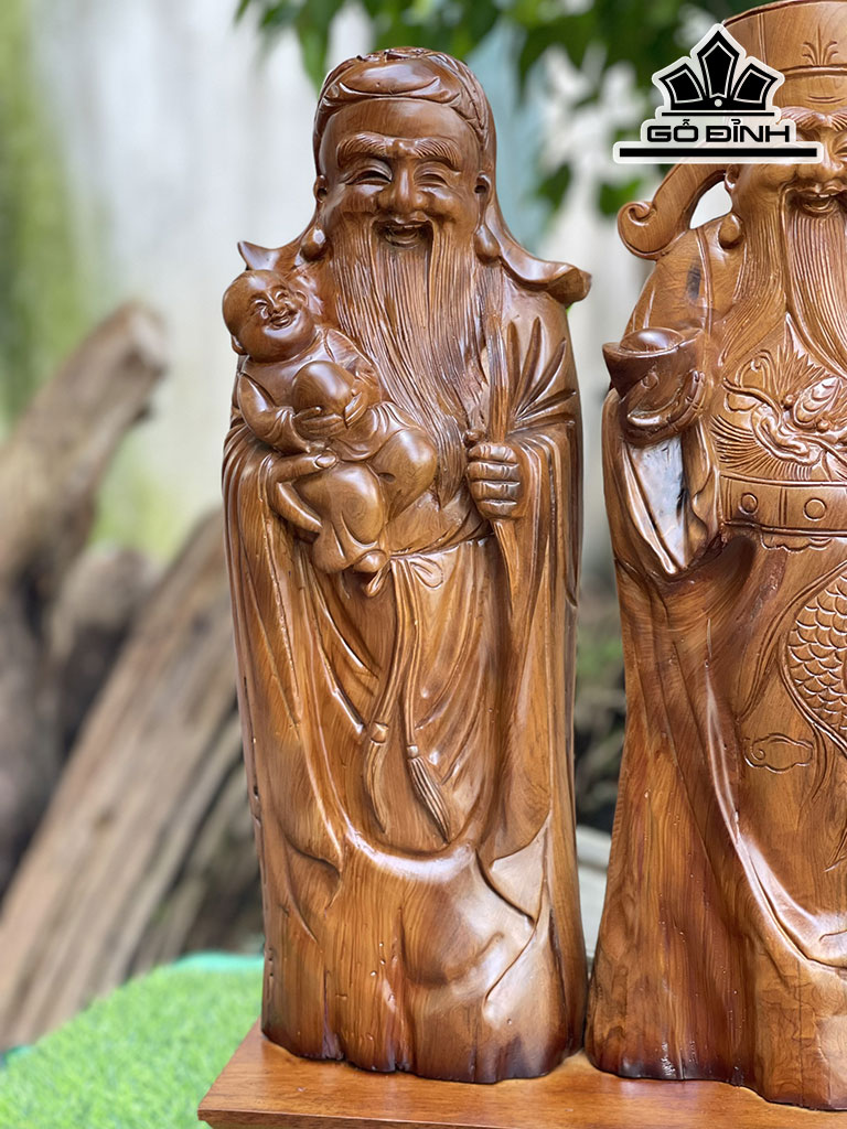Tượng Phúc Lộc Thọ (Tam Đa) Gỗ Bách Xanh Cao 57 Ngang 18 Sâu 16 (cm)