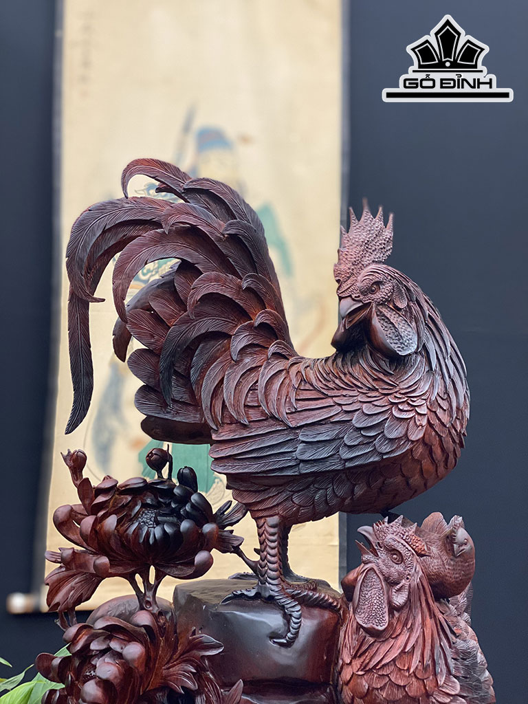 Tượng Gia Đình Gà Gỗ Trắc Cao 60 Ngang 33 Sâu 18 (cm)
