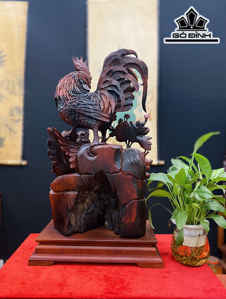 Tượng Gia Đình Gà Gỗ Trắc Cao 60 Ngang 33 Sâu 18 (cm)