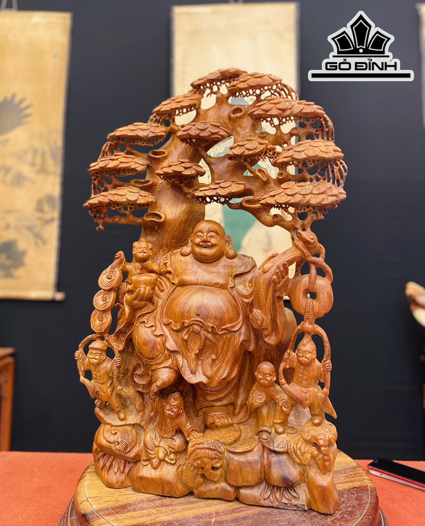 Tượng Phật Di Lặc Ngũ Phúc Gốc Tùng Gỗ Hương Cao 86 Ngang 54 Sâu 26 (cm)