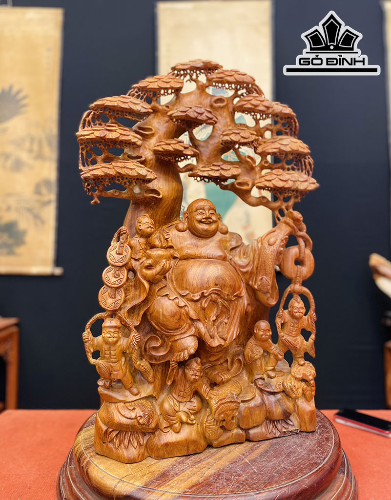 Tượng Phật Di Lặc Ngũ Phúc Gốc Tùng Gỗ Hương Cao 86 Ngang 54 Sâu 26 (cm)