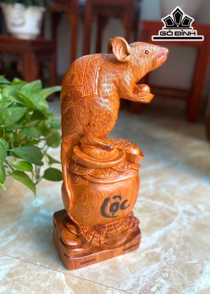 Tượng Chuột Phong Thủy Gỗ Hương Cao 44 Ngang 18 Sâu 12 (cm)