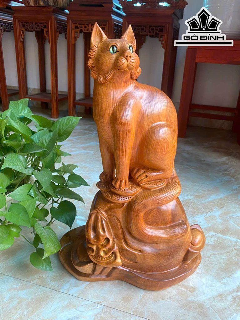 Tượng Mèo Gỗ Hương Cao 50 Ngang 32 Sâu 20 (cm)