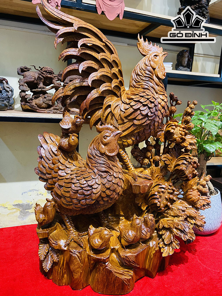 Tượng Gia Đình Gà Gỗ Hương Cao 70 Ngang 55 Sâu 26 (cm)