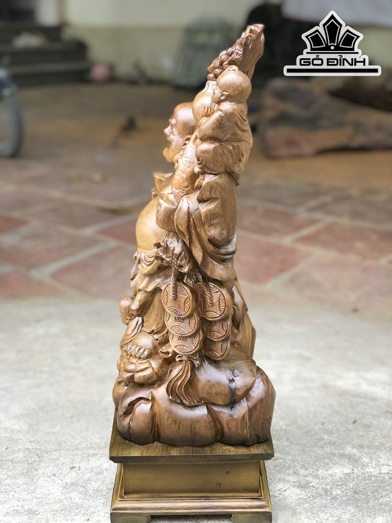 Tượng Phật Di Lặc Nhị Phúc Vác Cành Đào Gỗ Bách Xanh Cao 57 Ngang 25 Sâu 20 (cm)
