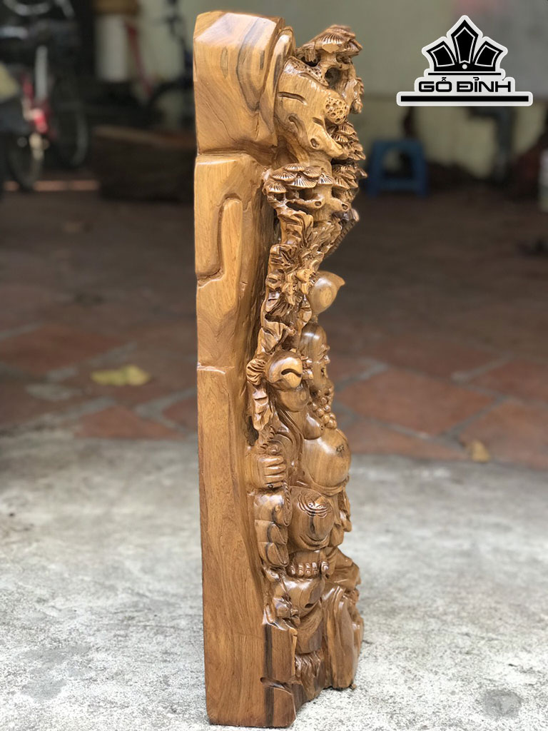Tượng Phật Di Lặc Nhị Phúc Vác Cành Đào Gỗ Bách Xanh Cao 70 Ngang 26 Sâu 17 (cm)