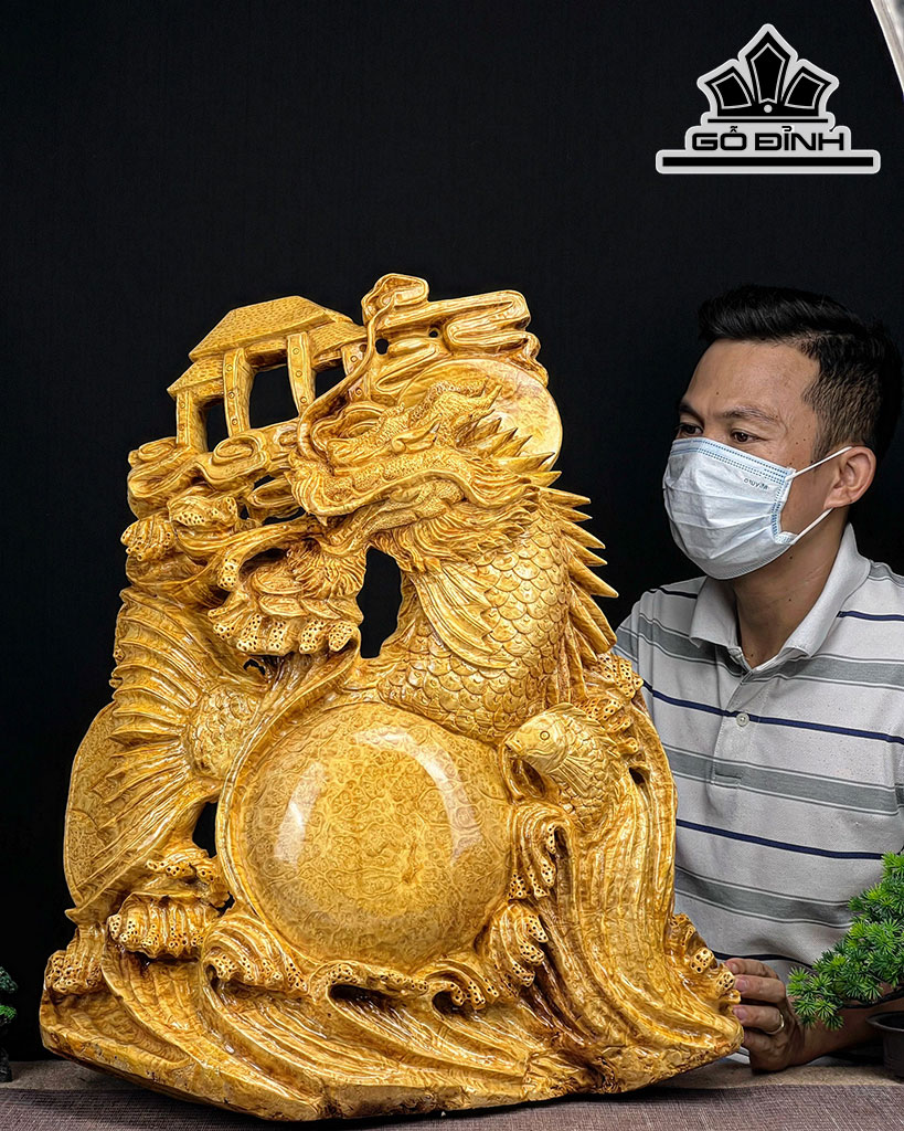 Tượng Cá Chép Hóa Rồng Gỗ Nu Kháo Cao 67 Ngang 55 Sâu 22 (cm)