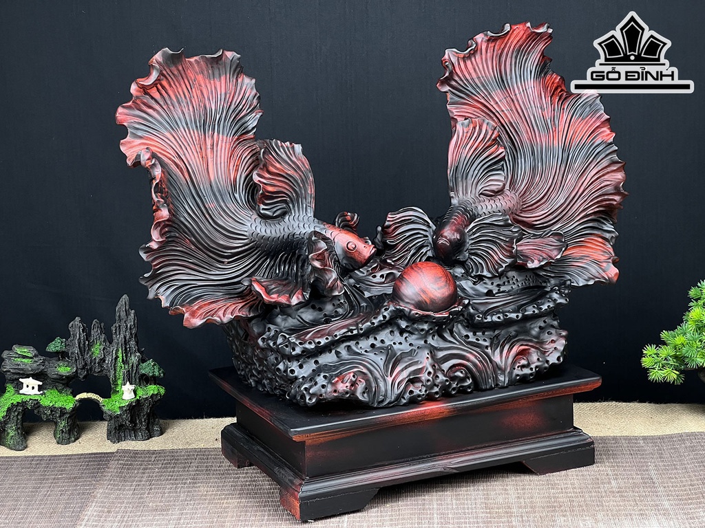 Tượng Cá Xiêm Đôi Gỗ Trắc Cao 47 Ngang 56 Sâu 25 (cm)