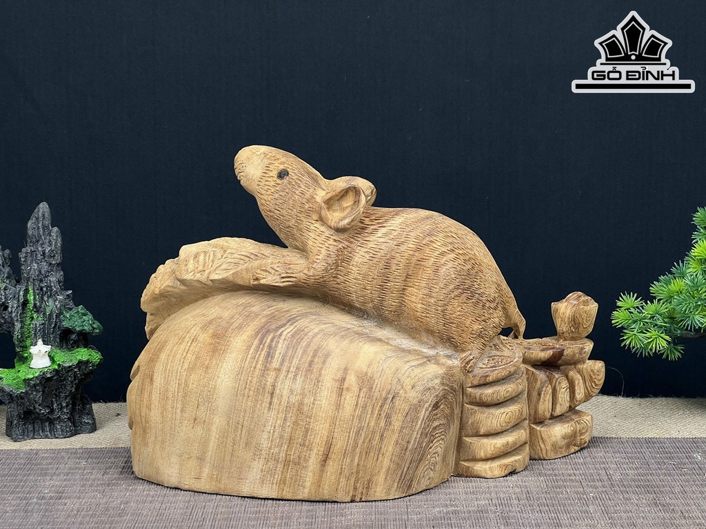 Tượng Chuột Phong Thủy Gỗ Ngọc Am Cao 22 Ngang 32 Sâu 14 (cm)