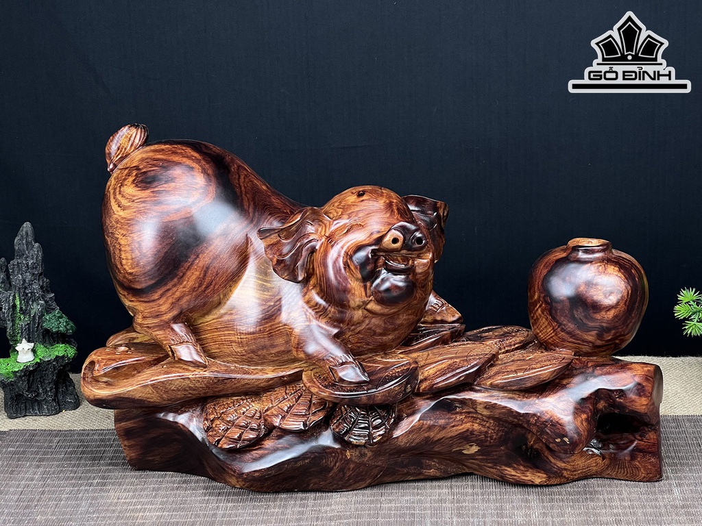 Tượng Heo Gỗ Cẩm Ngang 44 Cao 27 Sâu 18 (cm)