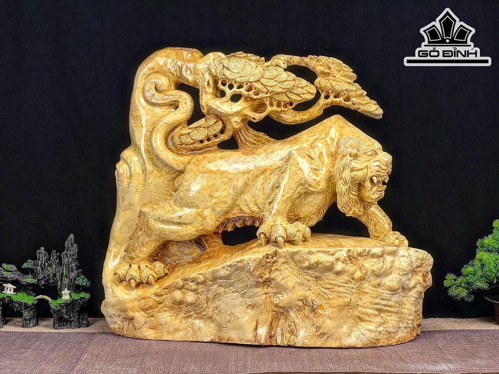 Tượng Hổ Phong Thủy Gỗ Nu Kháo Cao 50 Ngang 58 Sâu 21 (cm)