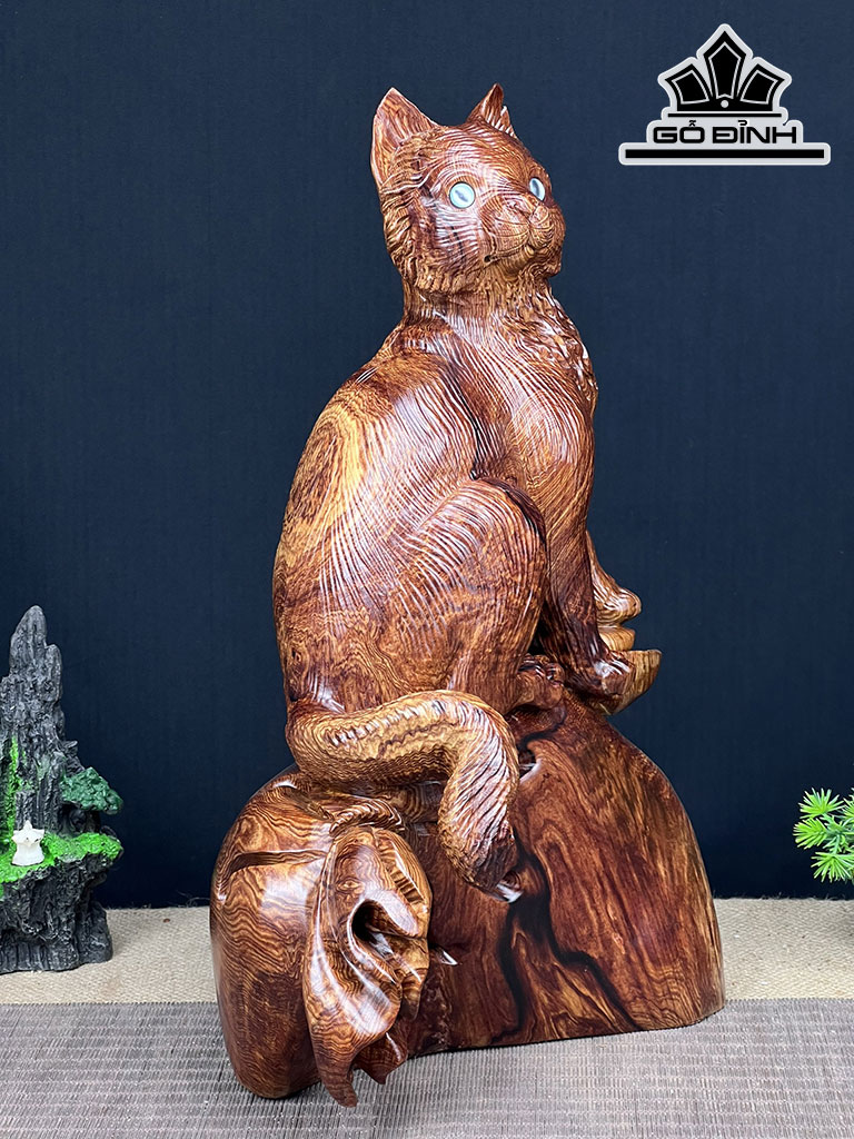 Tượng Mèo Gỗ Cẩm Cao 41 Ngang 35 Sâu 18 (cm)