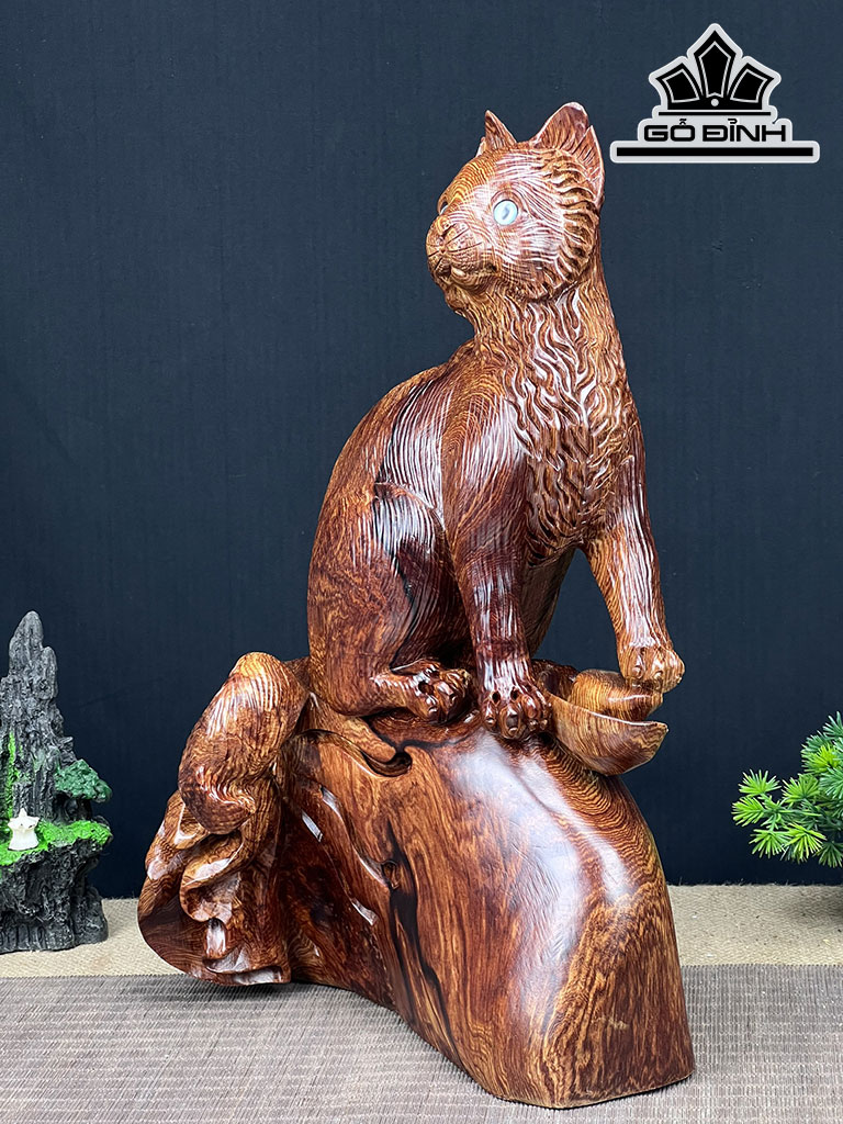 Tượng Mèo Gỗ Cẩm Cao 41 Ngang 35 Sâu 18 (cm)