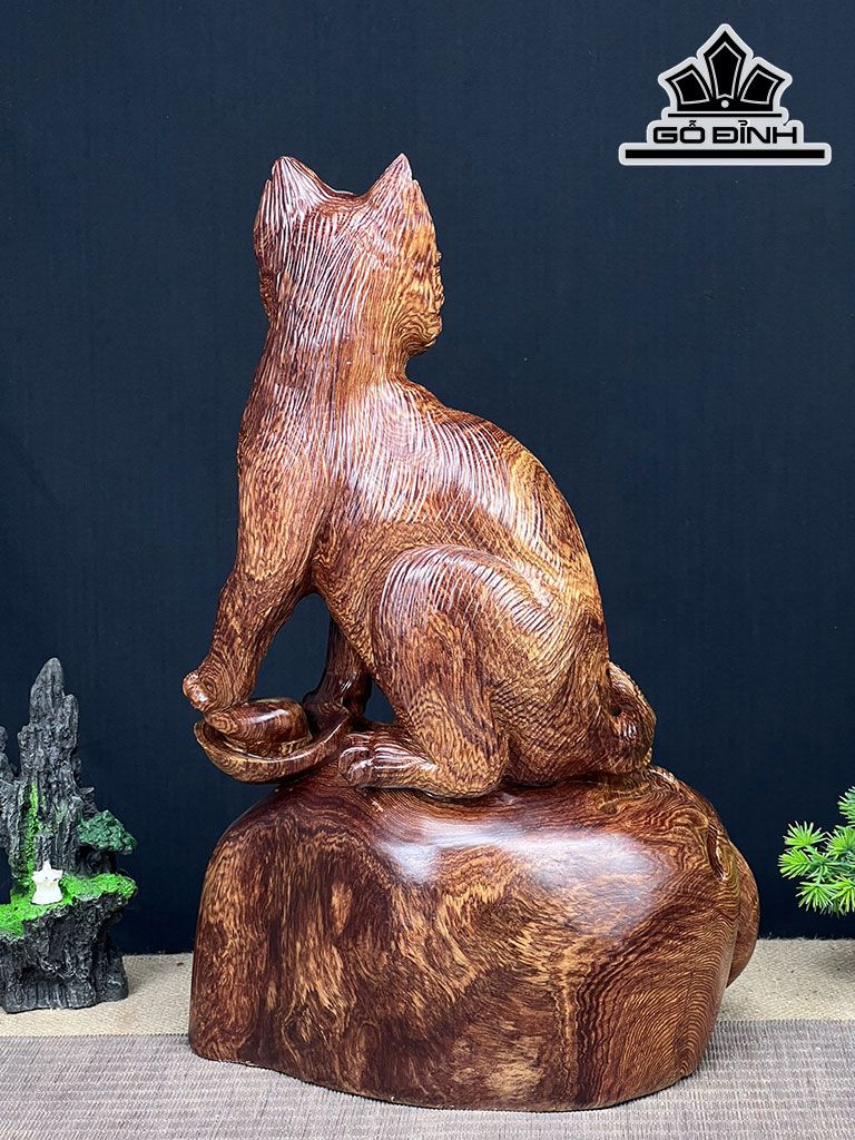 Tượng Mèo Gỗ Cẩm Cao 41 Ngang 35 Sâu 18 (cm)