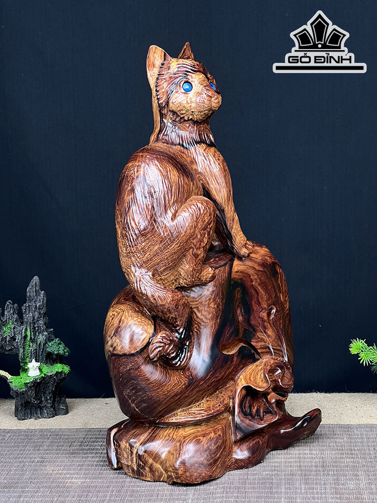 Tượng Mèo Gỗ Cẩm Cao 44 Ngang 25 Sâu 16 (cm)