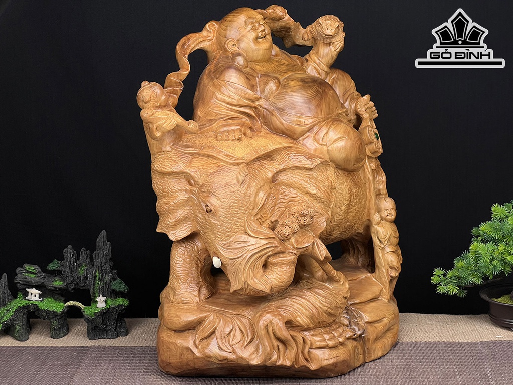 Tượng Phật Di Lặc Nhị Phúc Ngự Voi Gỗ Ngọc Am Cao 52 Ngang 45 Sâu 30 (cm)